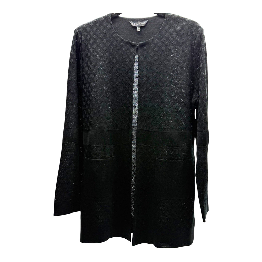 Ming Wang Black Knit Long Cardigan Jacket Women's Large Textured Career Chic